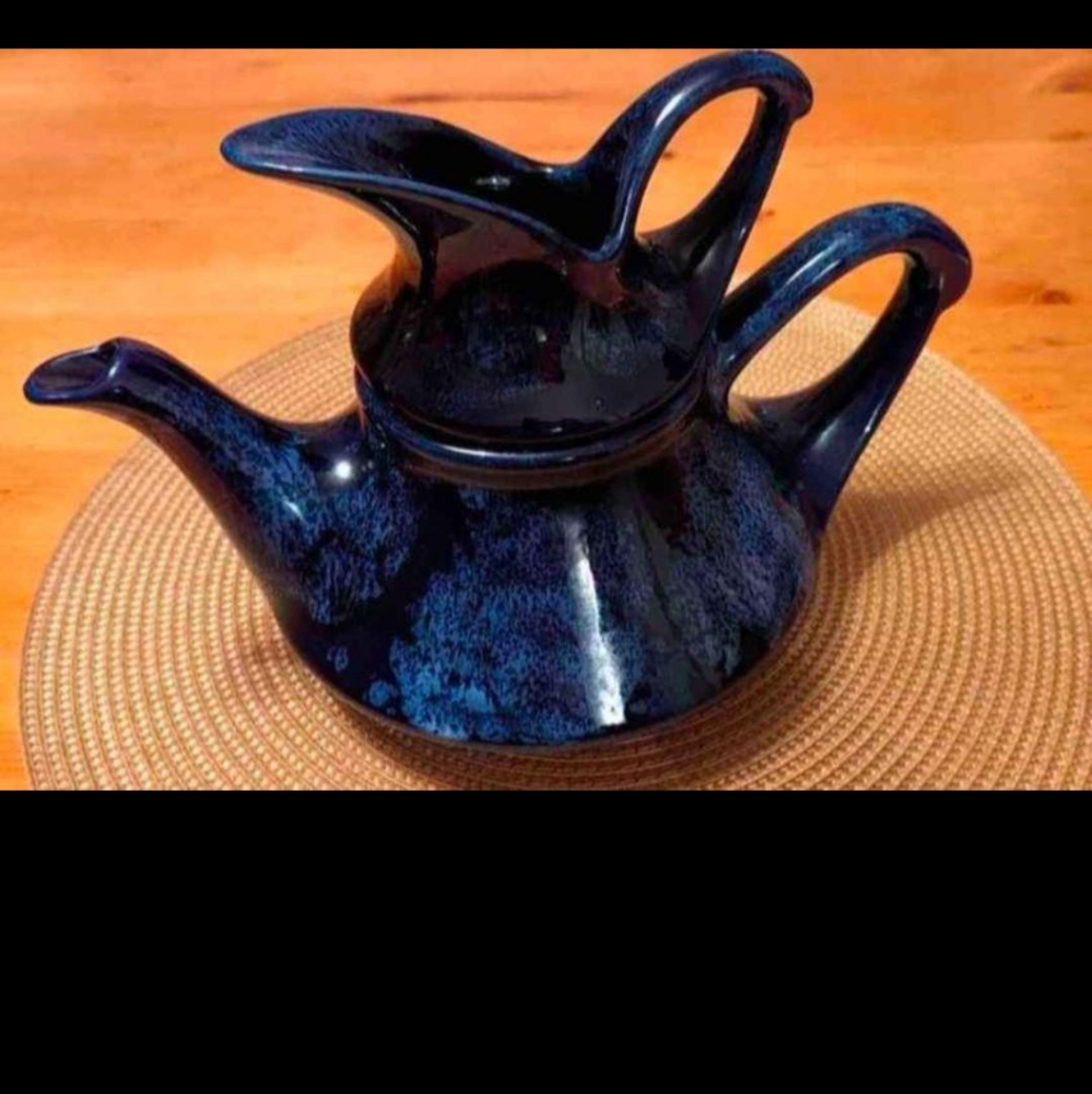 Vintage Blue MCM Beauceware Quebec Pottery Teapot and Creamer